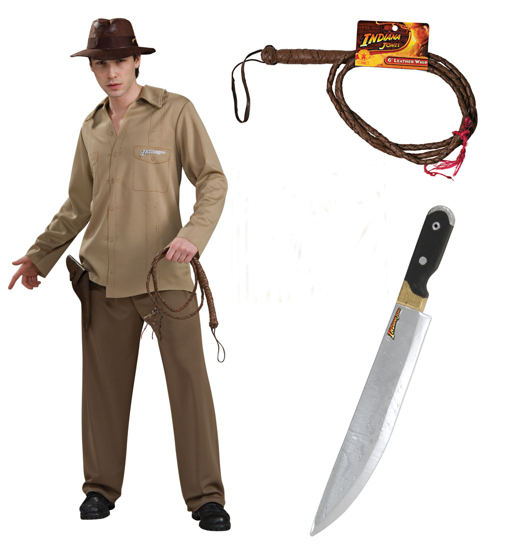 Indiana Jones Adult Costume STD, XL + Leather Whip + Machette